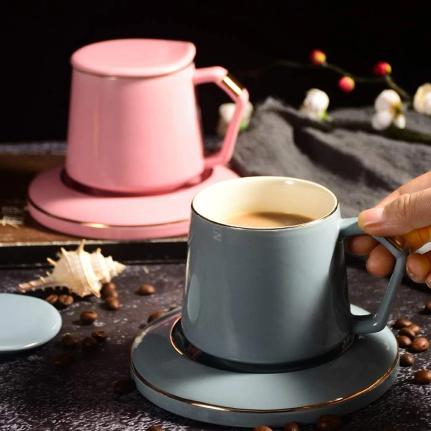 Elegant and Stylish White Ceramic Coffee Cup Set with Lid, Saucer, and Spoon - Ideal for Home or Office Use. With a Generous 350