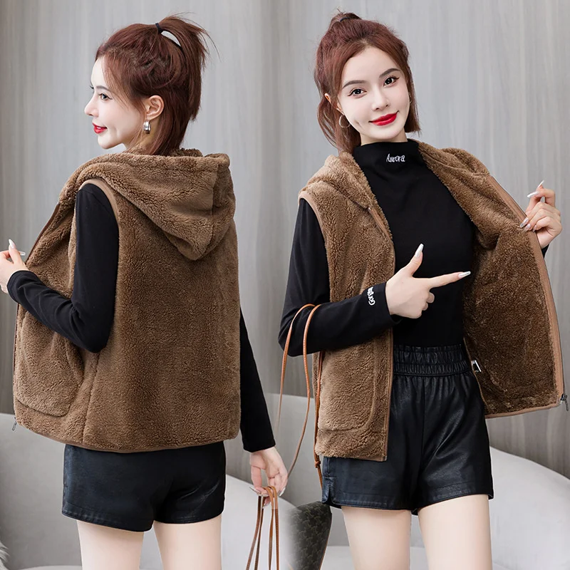 Autumn Winter Women Coral Fleece Coat Hooded Sleeveless Jacket Tank Top Warm Shake Fleece Vest Female Waistcoat Chaleco Mujer