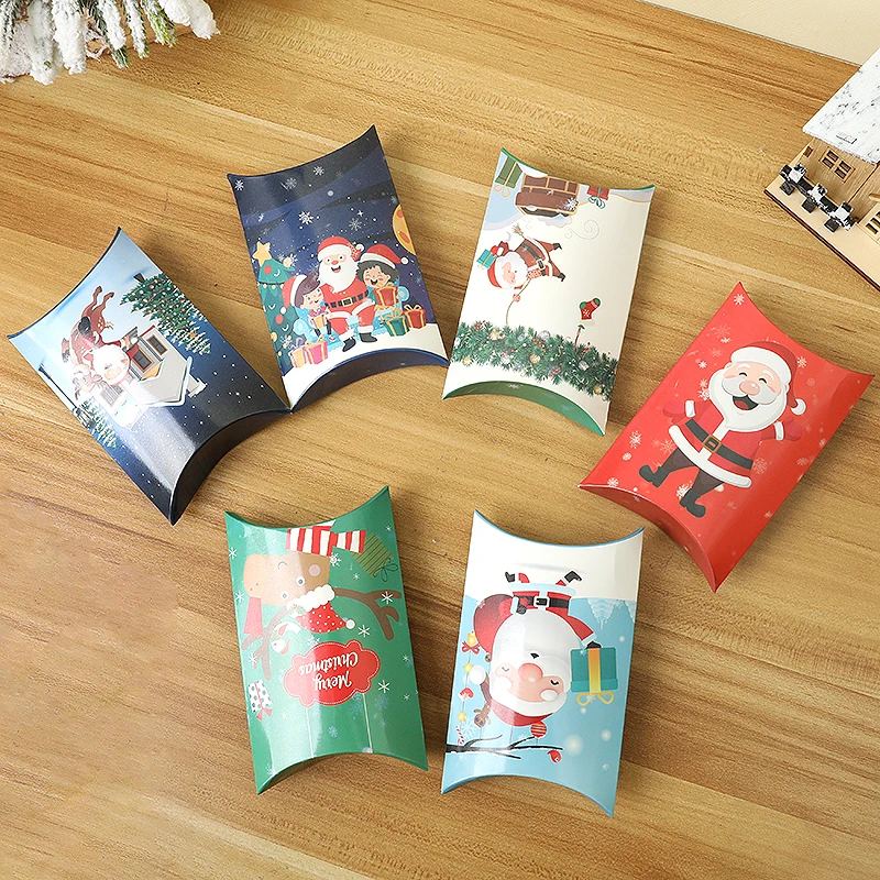 

12pcs Christmas Pillow Shape Candy Box Cookies Chocolate Biscuit Treat Packing Box Xmas Gifts Wrapping Supplies New Year Navidad