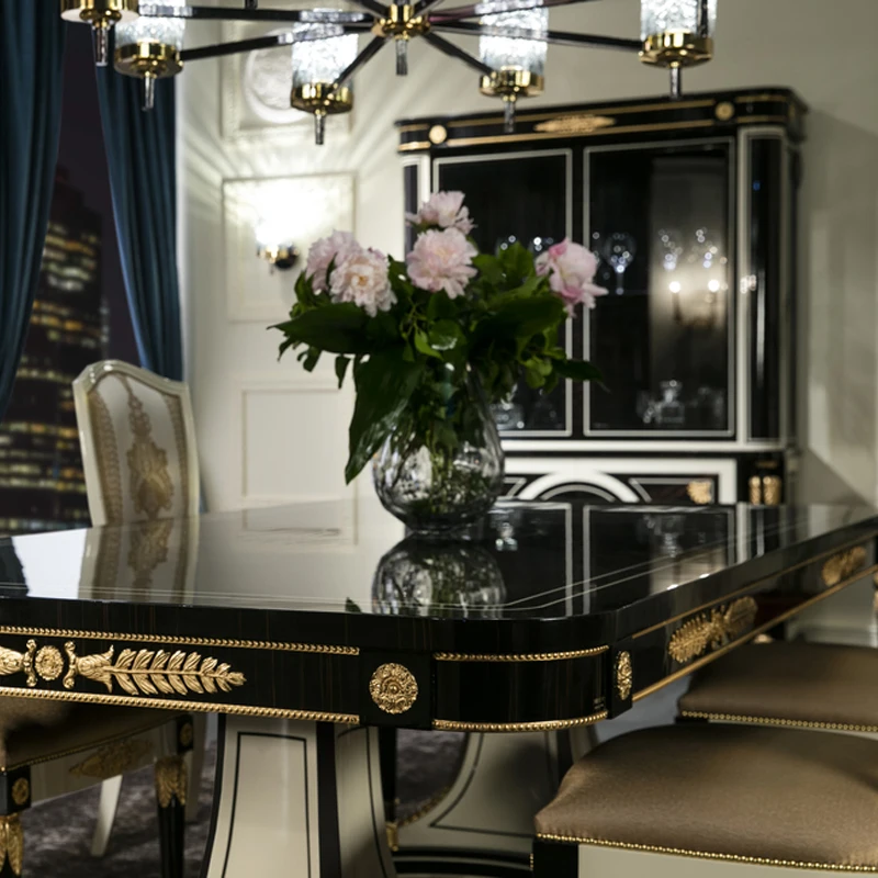 !@Durable French Style Black Solid Wood Modern Dining Room Furniture Hand Carved Rectangle Luxury Eco-Friendly 8 Hotel Apartment