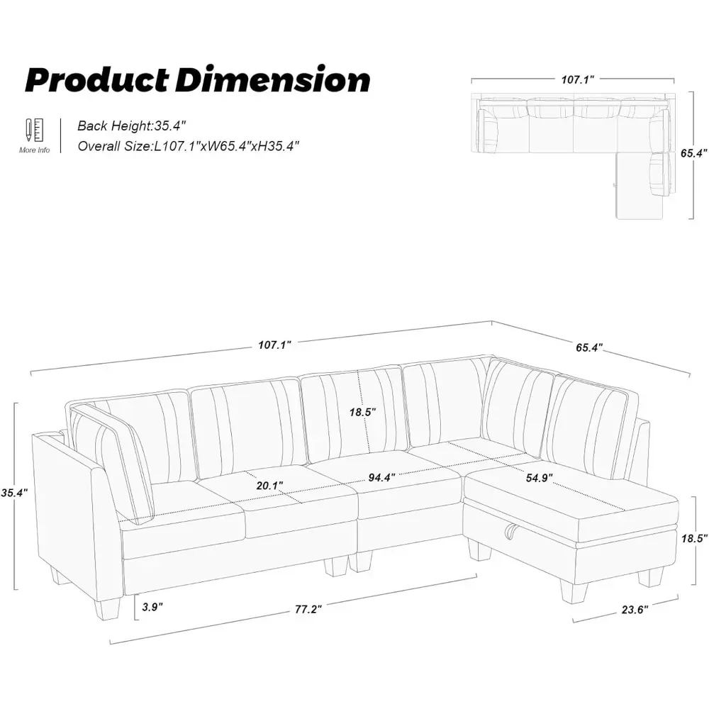 Sectional Sofa with Reversible Chaise L Shaped Sofa Sectional Couch with Convertible Storage Ottoman 4 Seater Couch