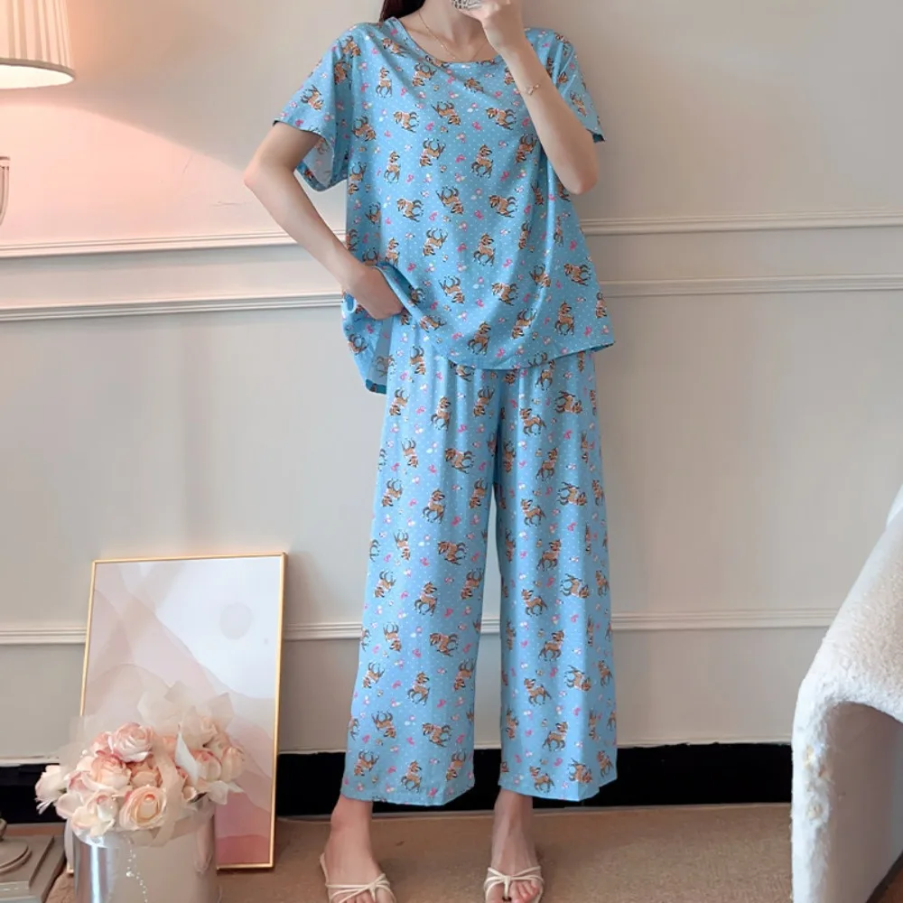 Comfort for Homewear Floral Pajamas 2 Pieces Set for Woman Casual Summer New Short Sleeve Sleepwear Women's Loungewear Suit