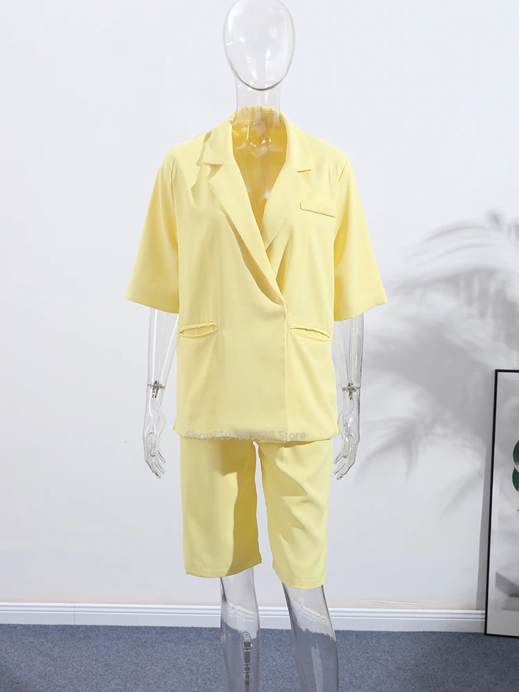Elegant Yellow Lapel Blazers Coats Women Loose Short Sleeve One Button Side Split Suit Jackets 2025 Summer Lady Office Outwear