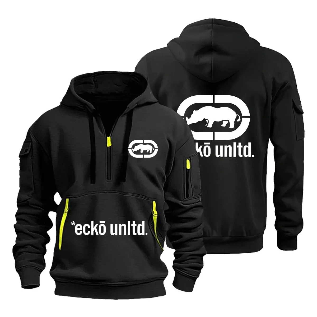 Men Keep Warm Hooded Jacket Ecko Unltd Rhino Logo Half‑Zip Hoodie Sweatshirt Hip‑Hop Streetwear Casual Pullover Hooded Top Coat