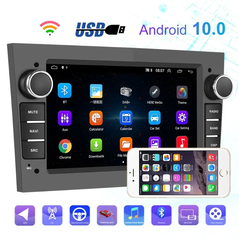 Podofo 2 Din Radio Car Android 10.0 GPS Navigation WiFi BT FM Autoradio Audio for Opel Corsa/Astra/Vectra/Zafira/Combo