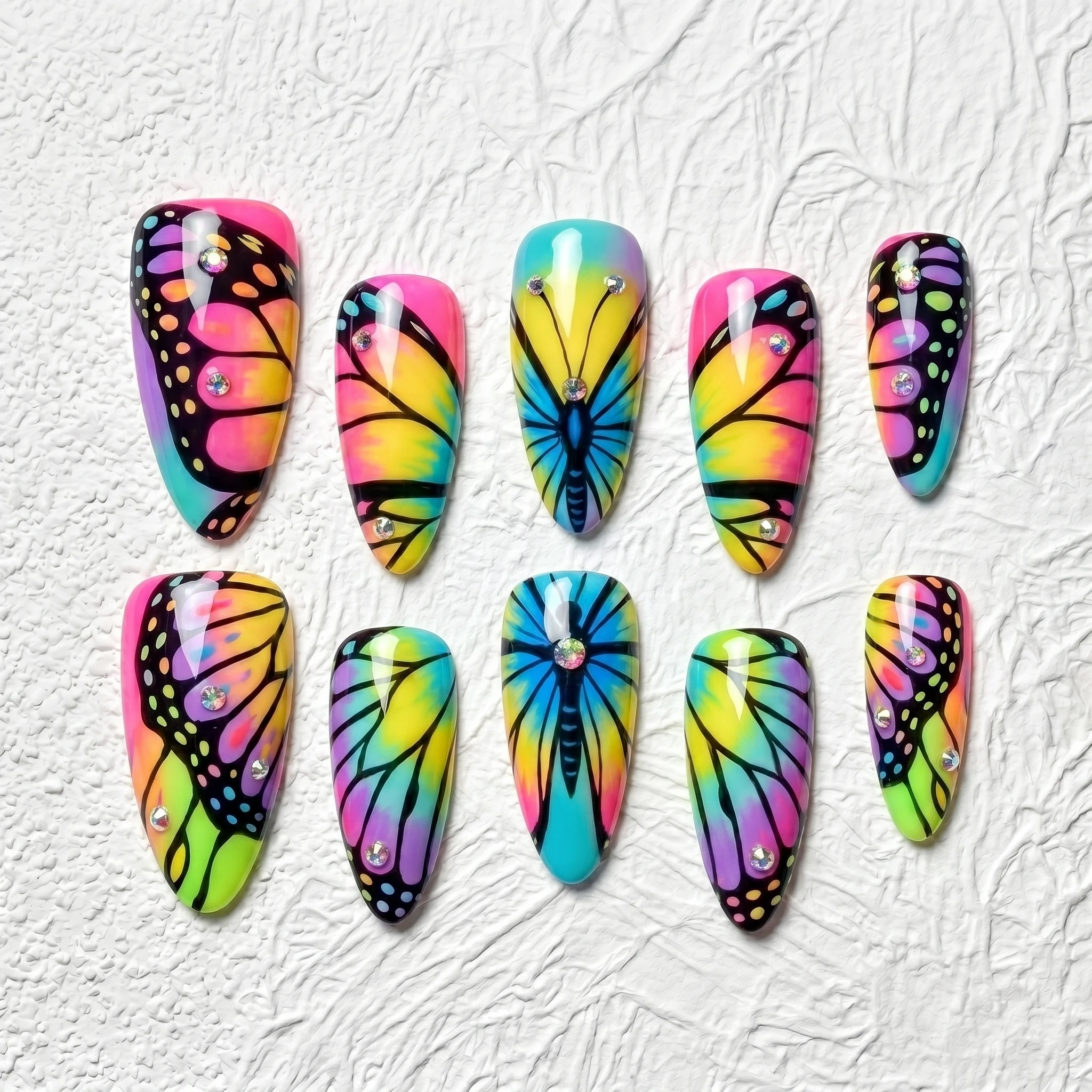Artisan Handcrafted 10PCS Playful Stiletto Butterfly Wings Nails | Rhinestones, Glitter, Festive Wear Glossy Finish