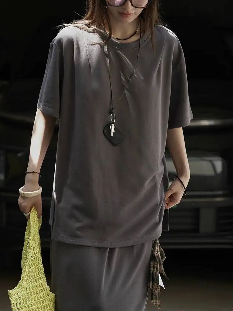 HUISONG gris T-shirt demi-corps jupe deux pièces costume nouveau col rond manches courtes femmes mode marée printemps été 2025 6wp25n