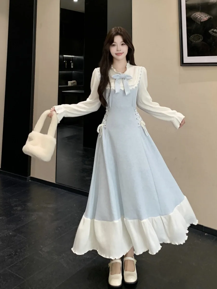 

plus Size Blue Belted A-Line Dr Women's Autumn Winter New High Waist Wrap Dr Korean Sle Commute Wind Long Sve Dr