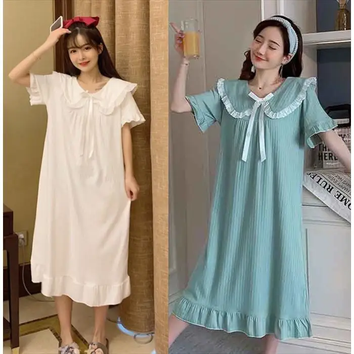 Princess Style Sleep Dress Student Summer Cute Doll Collar Women's Wearable Nightgown Sweet Bordered Floral Print Midi Dress