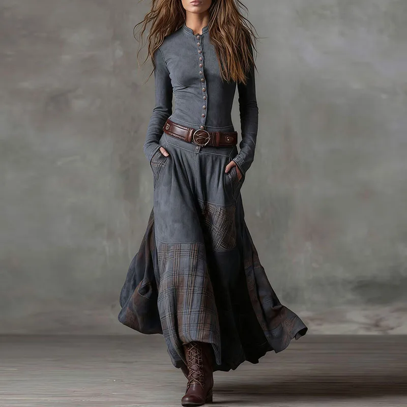 Robe Maxi Chic en Imitation daim, imprimé écossais, col montant, boutons, robe de soirée, manches longues, poches, style Boho, automne