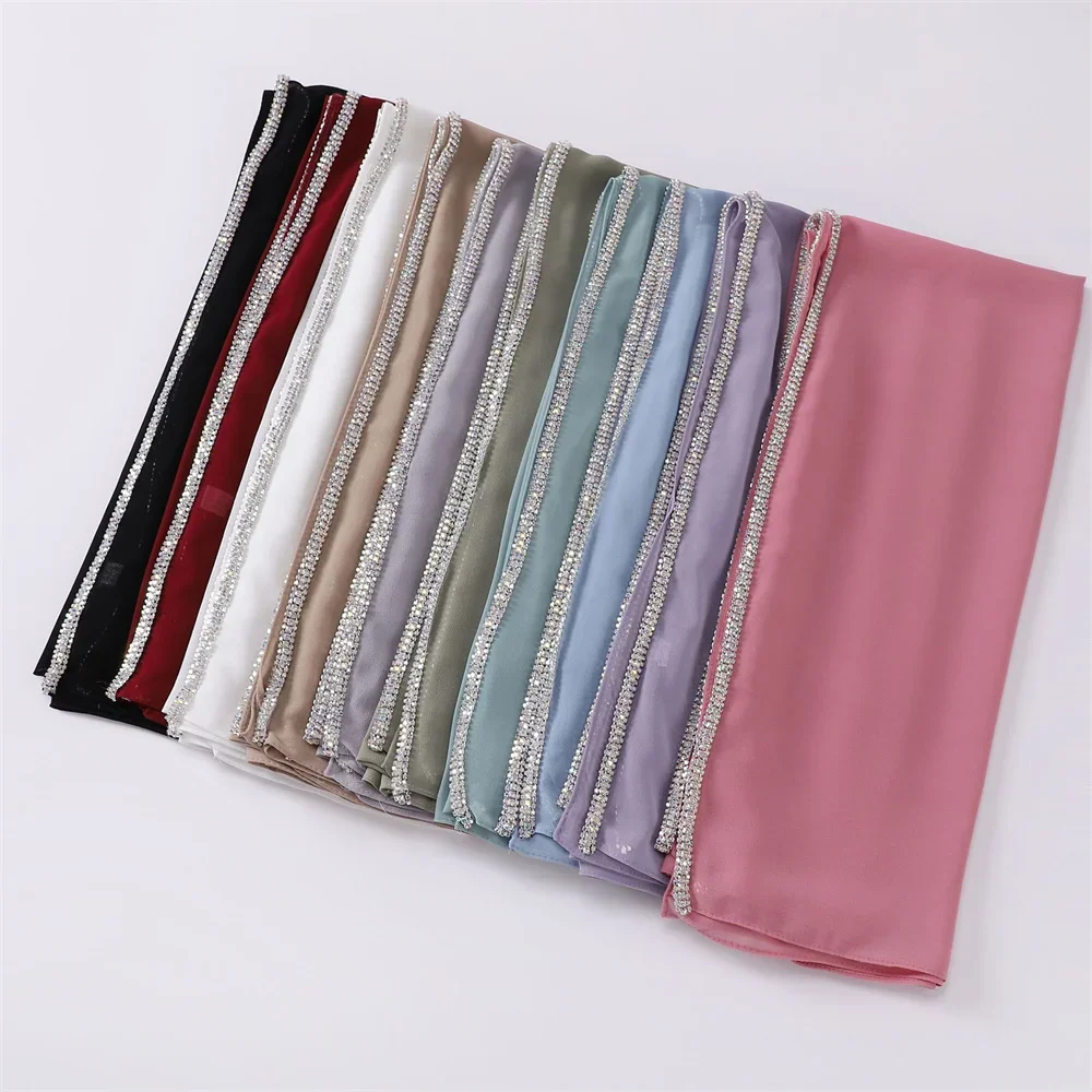 New Product Bright Diamond Chiffon Women Long Hijab Scarf Muslim Lady Hijab Caps Islam Clothing Turkish Turban Shawl Headscarves