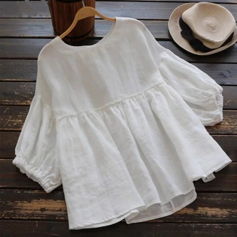 2024 Summer Women Fashion Ruffled Simple Casual Cotton Blouses Vintage Solid Loose Shirts Female Kawaii O Neck Short Sleeve Tops