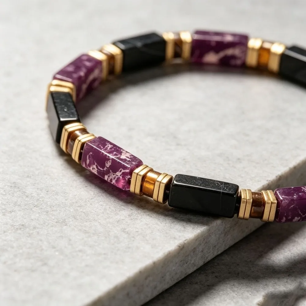 Natural Veined Simple Crystal Stone Bracelet Square Cut Polished Block Shape Square Stone Bangle Adjustable Rope Stackable
