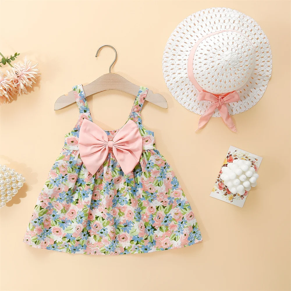 Baby Girl Dresses Summer Floral Cotton Suspender Dresses Cute Bow Girls Dresses Beach Dresses With Hats Baby Clothes Girls image 3