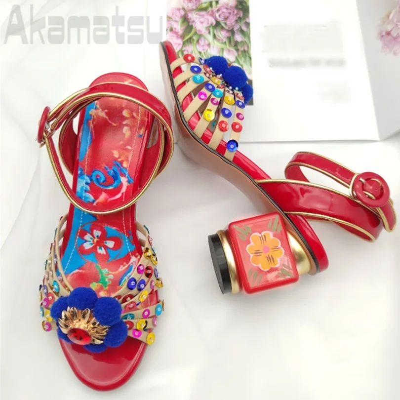 Strange Style Heel Sandals Ethnic Style Colorful Rhinestones Personalized Ankle Buckle Strap Women\'s Shoes Large Sizes 34-43