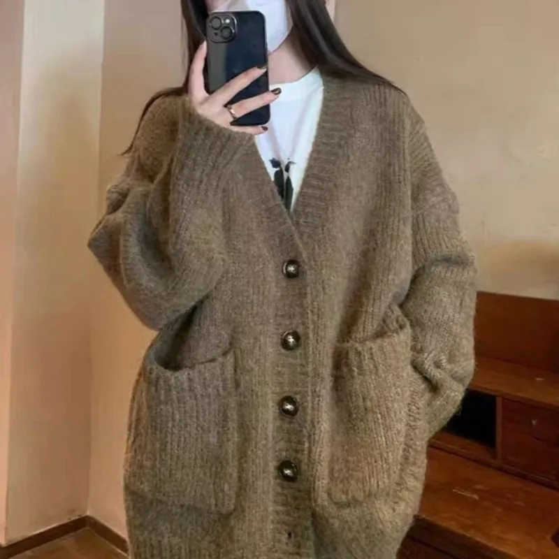 

Fashion Solid Cardigan Sweater Women Knitted Coats Autumn Winter Female Long Sleeve Casual Loose Knit Jacket Cardigans Knitwear