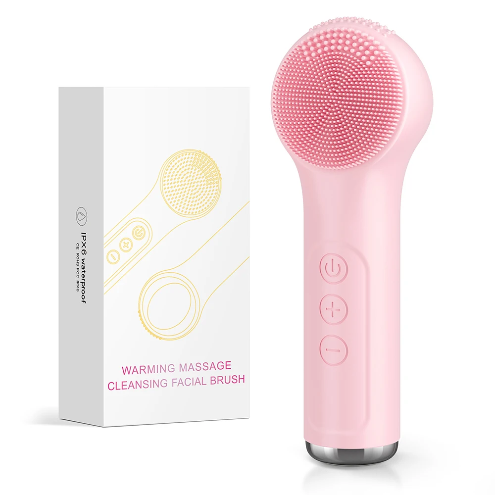 Pink Electric Facial Brush Sonic Vibration Facial Cleanser Brushes For Cleansing Face Skin Care Soft Face Scrubber With Heating