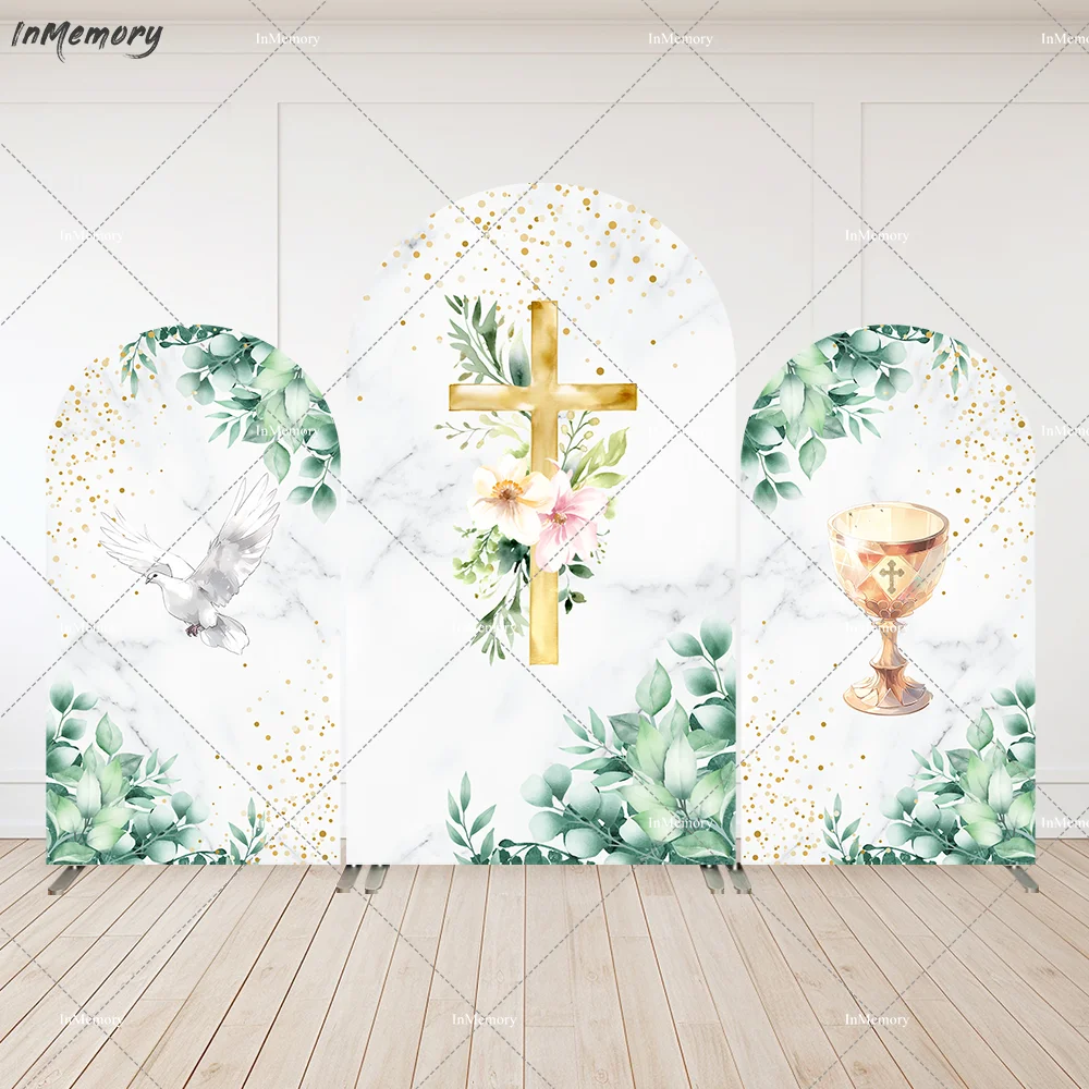 Green Leaves God Bless Baptism Arch Backdrop Cover Baby Shower Decoration First Communion Party Chiara Arched Wall Banner 2-Side