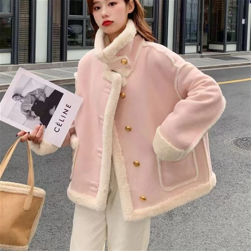 

Women Coats Solid Jackets Pocket Stand Collar Long Sleeve Single Breasted Thick Loose Fit Casual Office Lady 2025 Autumn Winter