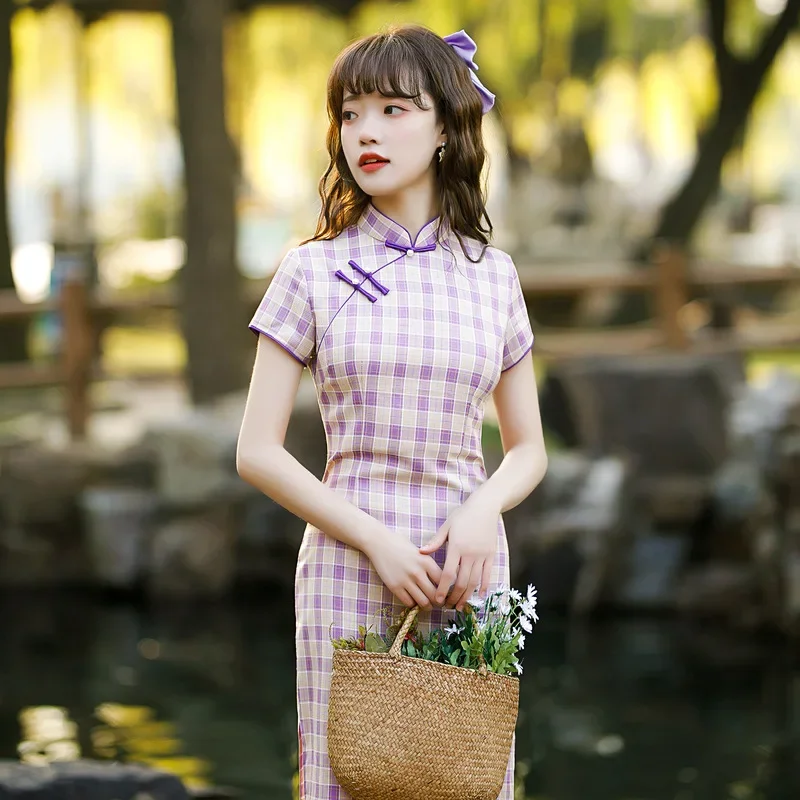 2021 College Spring Literary Plaid Girl Cheongsam Republic of China Style Long Stretch Cotton Slim Young Modern Cheongsam Dress