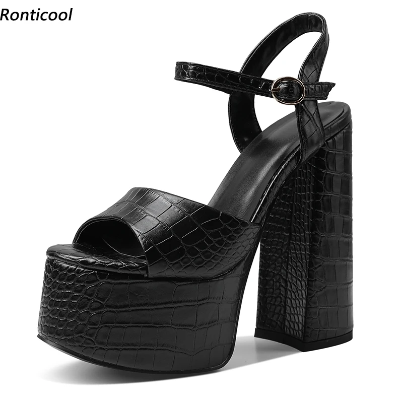 

Ronticool New Women Summer Sandals Crocodile Chunky Heels Round Toe Gorgeous Silver Gold White Black Party Shoes US Size 5-15