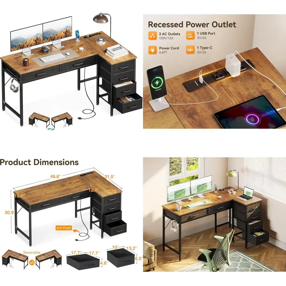 

Kids Study Desk: 50 Inch L-Shaped Home Office Desk with 6 Drawers and Power Outlets