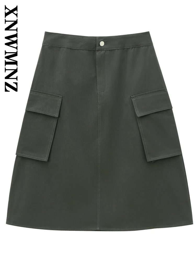 XNWMNZ 2024 Autumn New Woman Commuting Button Imitation Leather Midi Skirt Leather Skirt Chic Female Ruffles Regular Fit Pockets