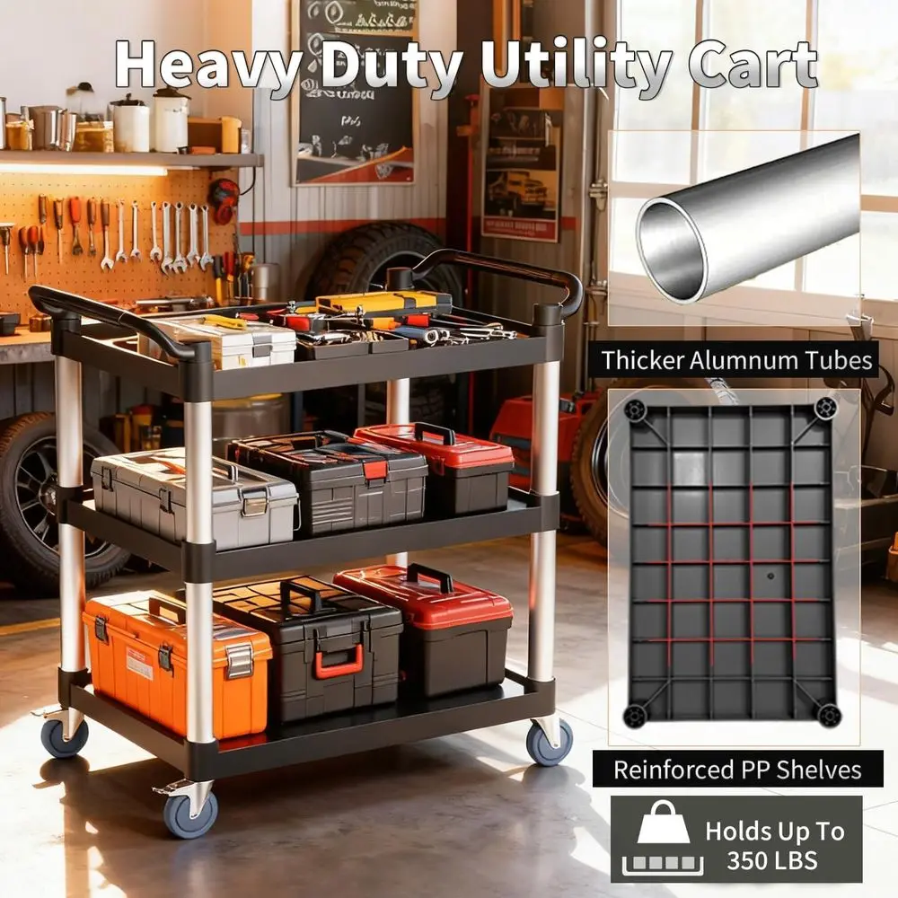 Wózek narzędziowy z wytrzymałego plastiku, udźwig 158 kg, kółka odporne na zarysowania, 3-poziomowy wózek serwisowy do domu, biura, restauracji i magazynu