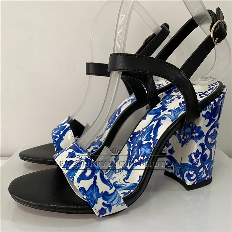 Blue And White Porcelain Print Sandals Women Ankle Strap Genuine Leather Concise Open Toe Party Shoes Summer