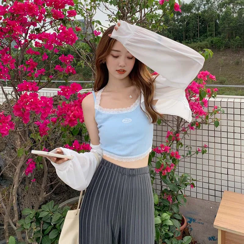 Pearl Diary Chiffon Sunscreen Shirt Capelet Summer Short White Long Sleeve Top Women Irregular    All-match  Fashion  T-Shirt