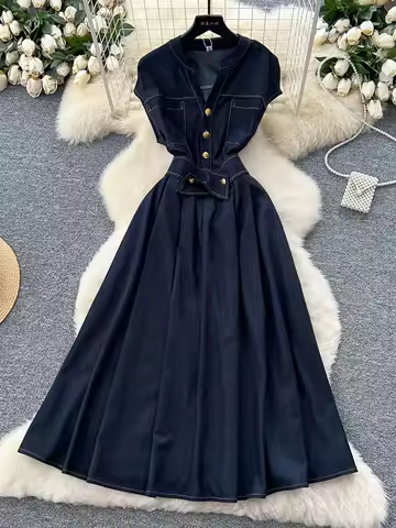 French Vintage Office Denim Long Dress Women Summer V Neck Batwing Sleeve Luxury Elegant Dress Evening Party Jeans Dresses