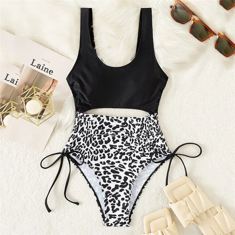 Leopard Print Swimwear One Piece Swimsuit Women 2024 Cut Out Monokini Drawstring Lace-up Bathing Suit High Cut Swimming Wear