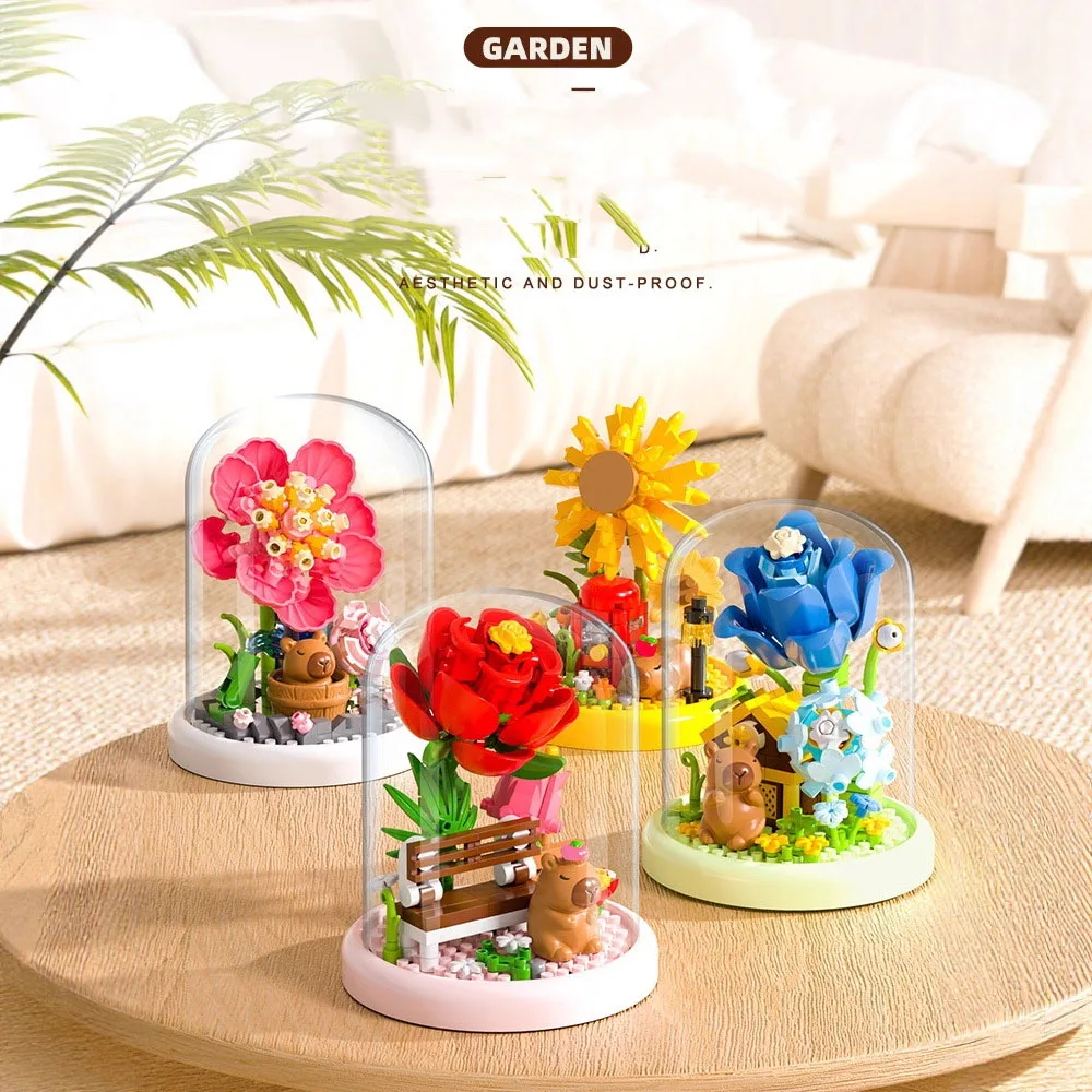 

Idea Flower Display Stand Micro Block Capybara Garden Construction Building Brick Rose Sunflower Gardenia Tulip Toy For Gifts