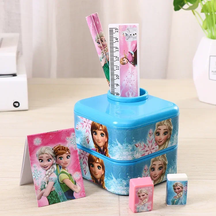 7-piece Set alat tulis siswa seri Disney perlengkapan sekolah kreatif tempat pena Korea Set ornamen Desktop kotak penyimpanan hadiah