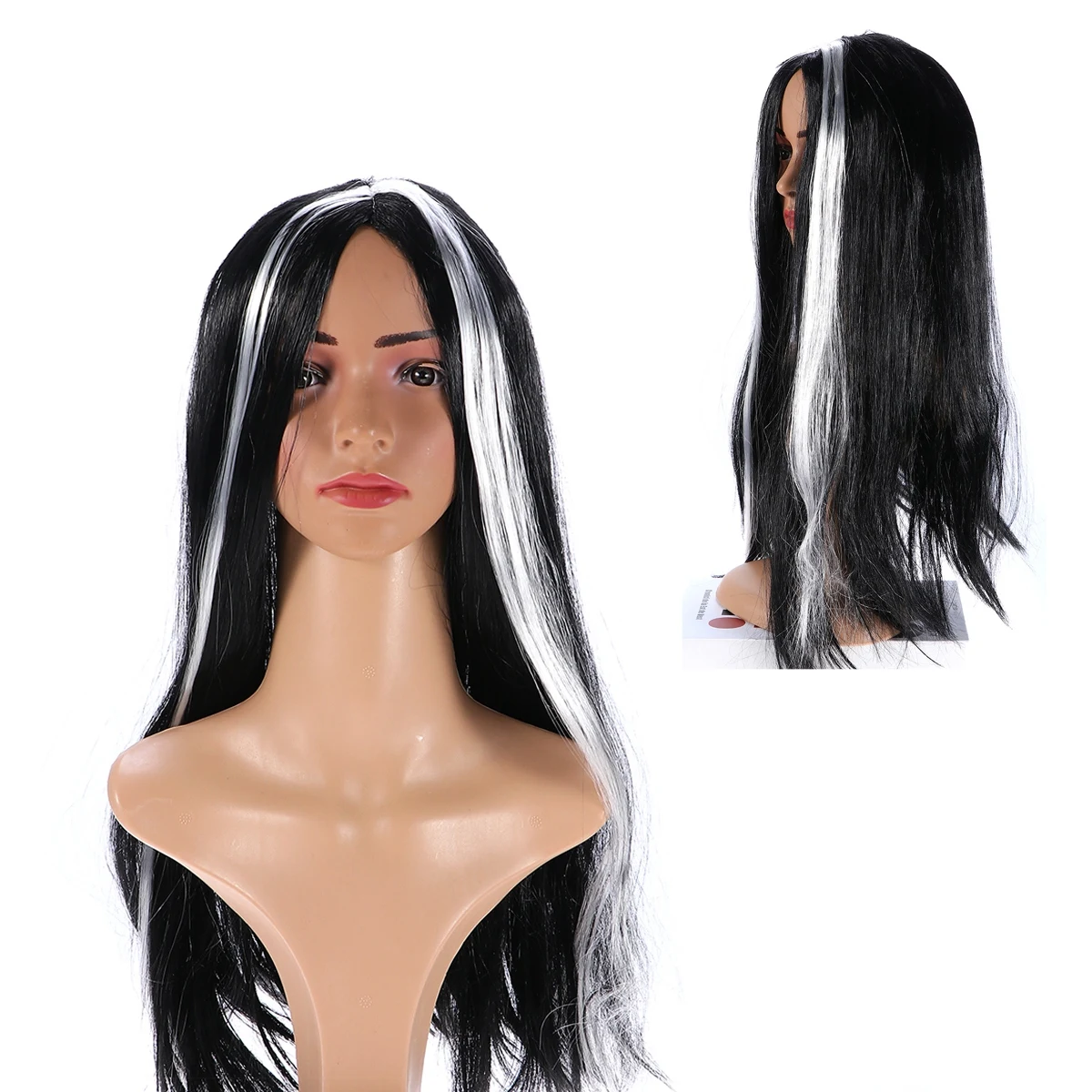 

Clown for Women Girls White Highlight Black Straight Long Synthetic Costume Halloween Masquerade Party Hair Piece