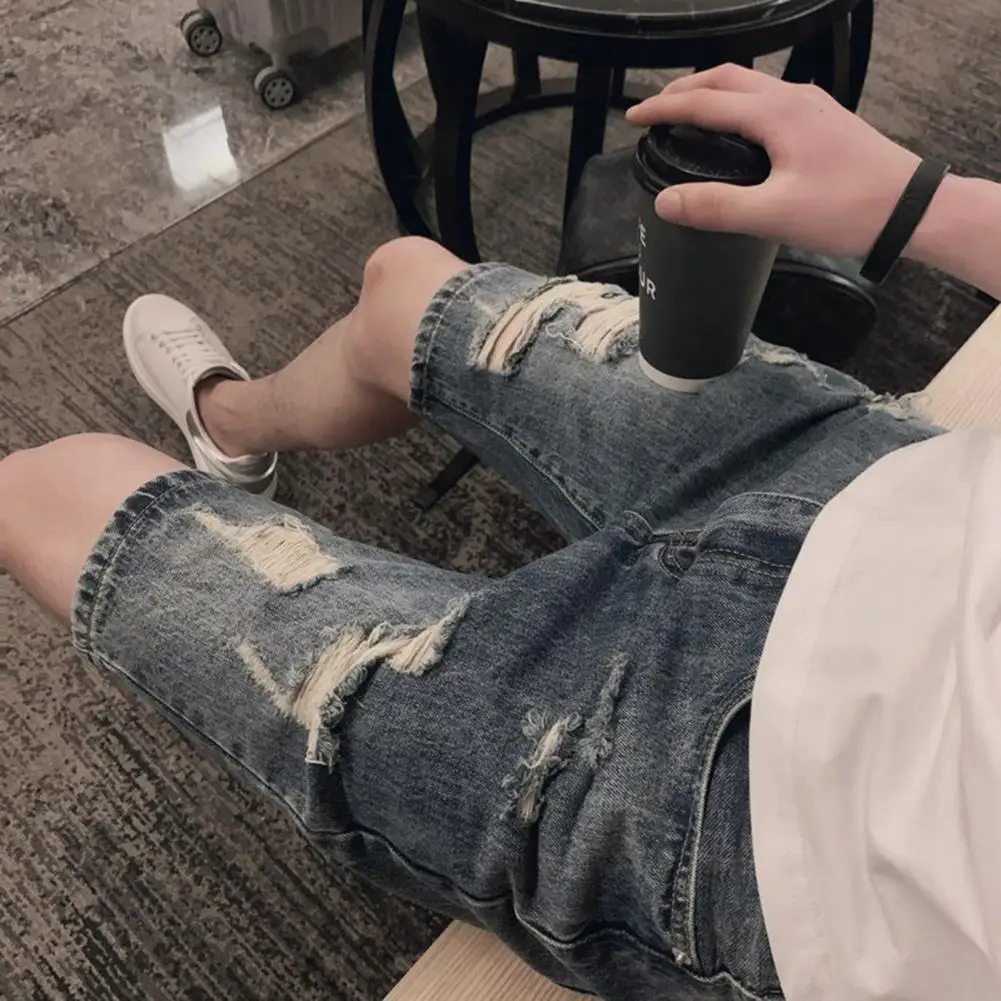 

Knee Length Denim Shorts Mid-waist Denim Shorts Men's Streetwear Denim Shorts Mid-rise Ripped Holes Straight Leg Knee Length