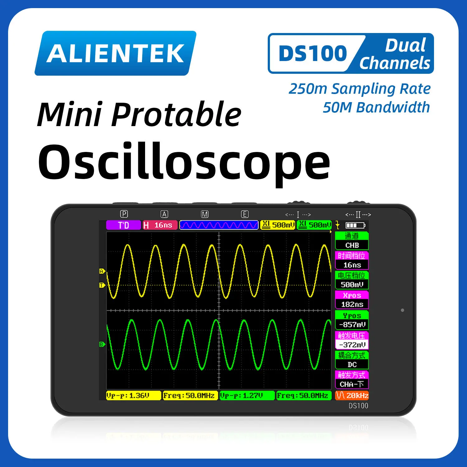 ALIENTEK DS100 Mini cyfrowy ręczny oscyloskop przepustowość 50 MHz podwójne kanały wielofunkcyjny tester komponentów elektronicznych narzędzia