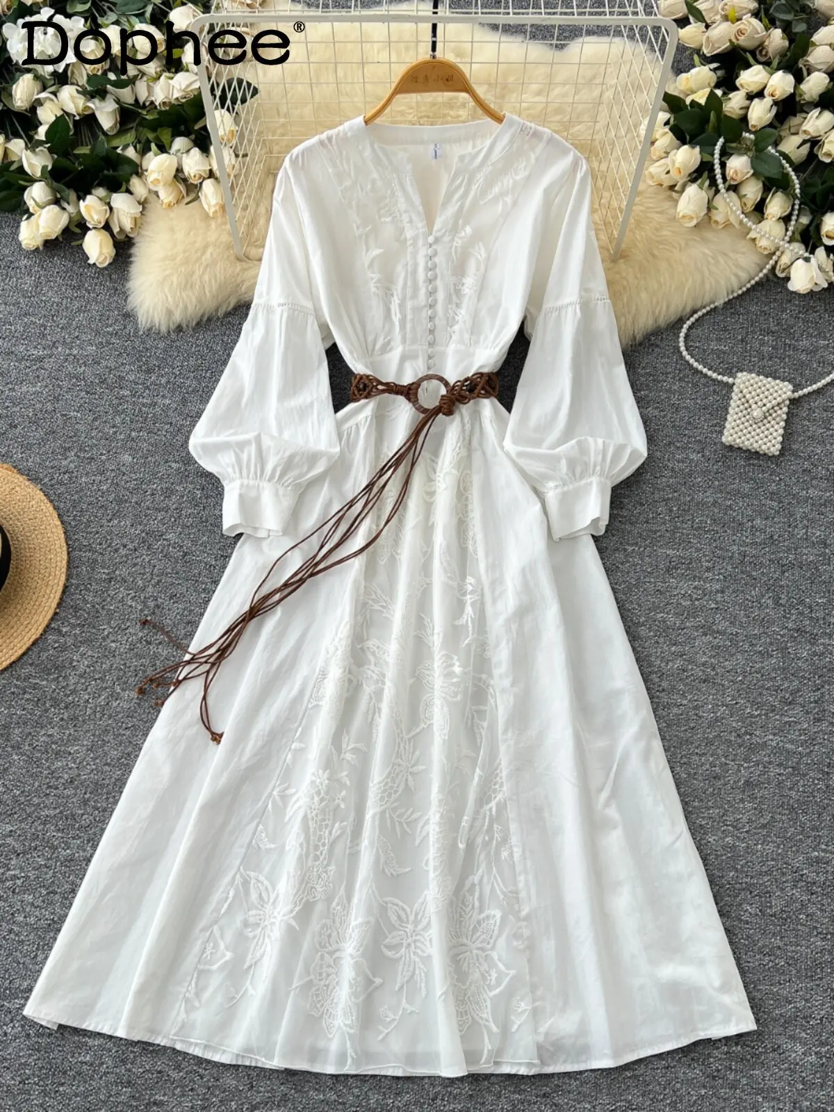 

French-style Embroidery Lantern Sleeves V-neck Dress 2026 Spring New Waist-cinching Slimming Versatile Elegant Long Dress