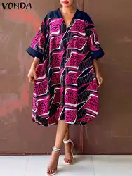 Plus Size 5XL Women Party Dress 2024 VONDA Summer V Neck Sundress Sexy Half Sleeve Bohemian Printed Dress Vestidos Loose Robe