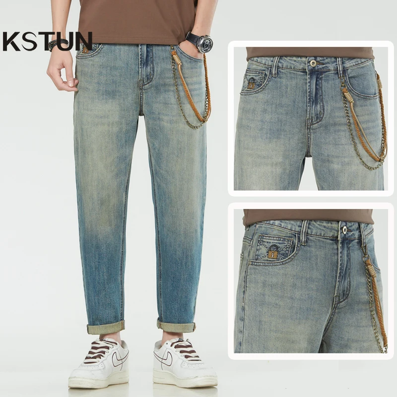 

Mens Jeans Brand Men Harem Pants Stretch Retro Blue Ankle Length Denim Pants Streetwear Fashion Pockets Tapered Cropped Vintage