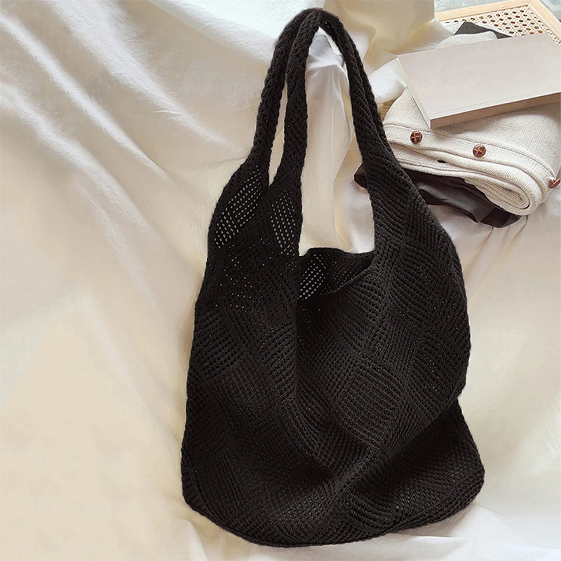 Neue Trend frauen Tasche Häkeln Handtasche Retro Gestrickte Einfarbig Hohl Top-griff Einkaufstasche Reise Shopper Schulter tasche – Detail 7