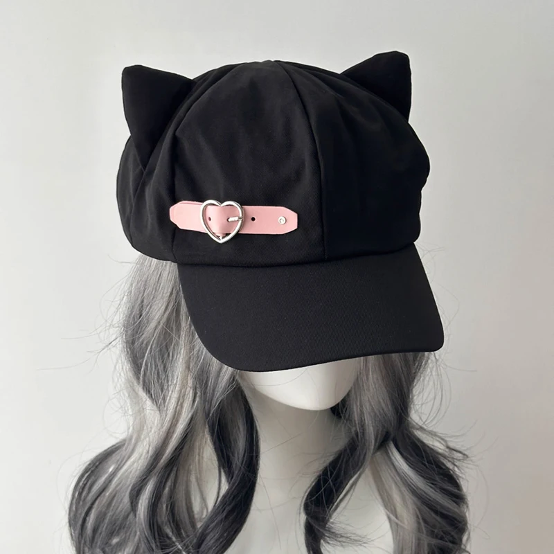 óm Lustige Wong Katzenohren Harajuku Gothic Lolita Baskenmütze Y2K Mädchen Steampunk Punk Reißverschluss Handgefertigte Sonnenhutkappe – Detail 15