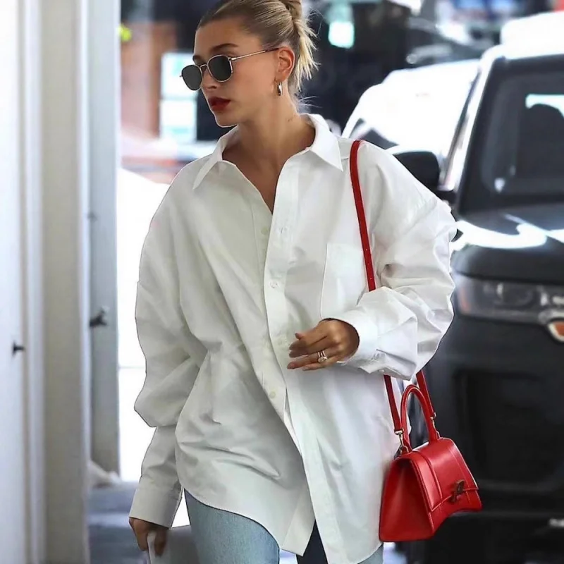 Hailey Anti-Falten Eisenfrei Lose Baumwolle irt Damen Casual Sle Reine Farbe Frühling Herbst Weiß Übergroß irt