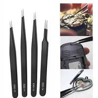 ESD-10 to 15 Precision Tweezer Set 6pcs Anti-Static Black Stainless Steel Straight/Flat/Round/Bent Tips for Electronics Repairs