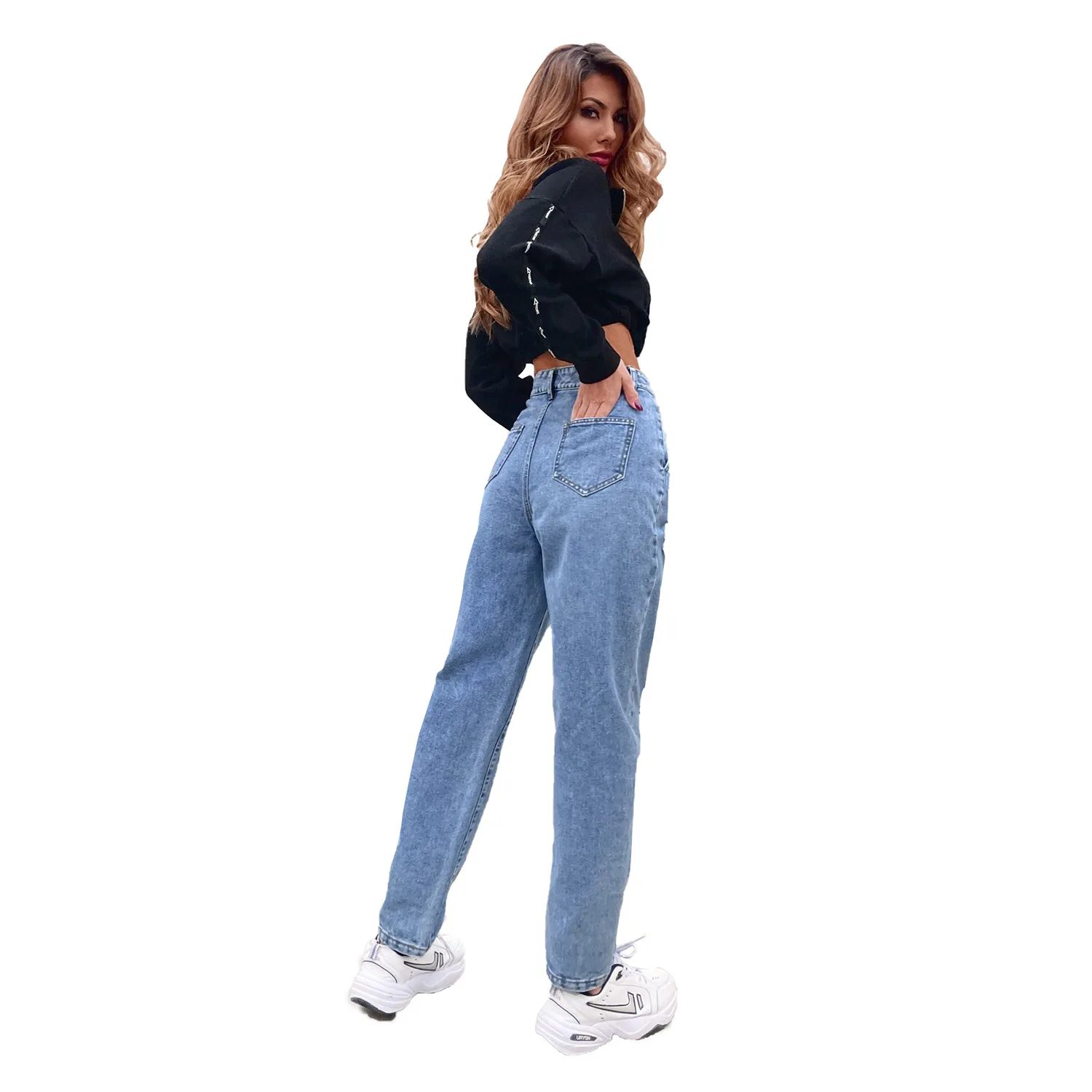 Distressed Women Jean Straight Pants High Waist Ankle Length Jeans Ripped Loose Fit Basics Washed Denim Pants Hole Autumn