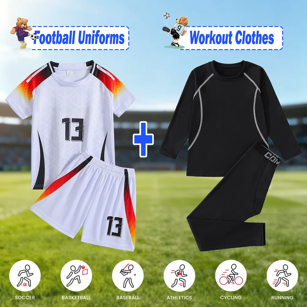 4Pcs Soccer Jersey Kids Football Jersey Set +Black Stretchy Workout Set Children's Sports Uniforms Breathable Quick-dry 3-13Y