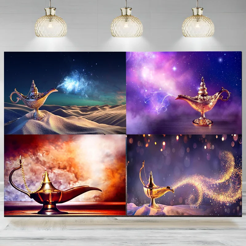 Aladdin's Genie Lamp Desert Backdrop Magic Lantern Smoke Photography Background Fantasy Mysterious Luck Banner Party Decoration