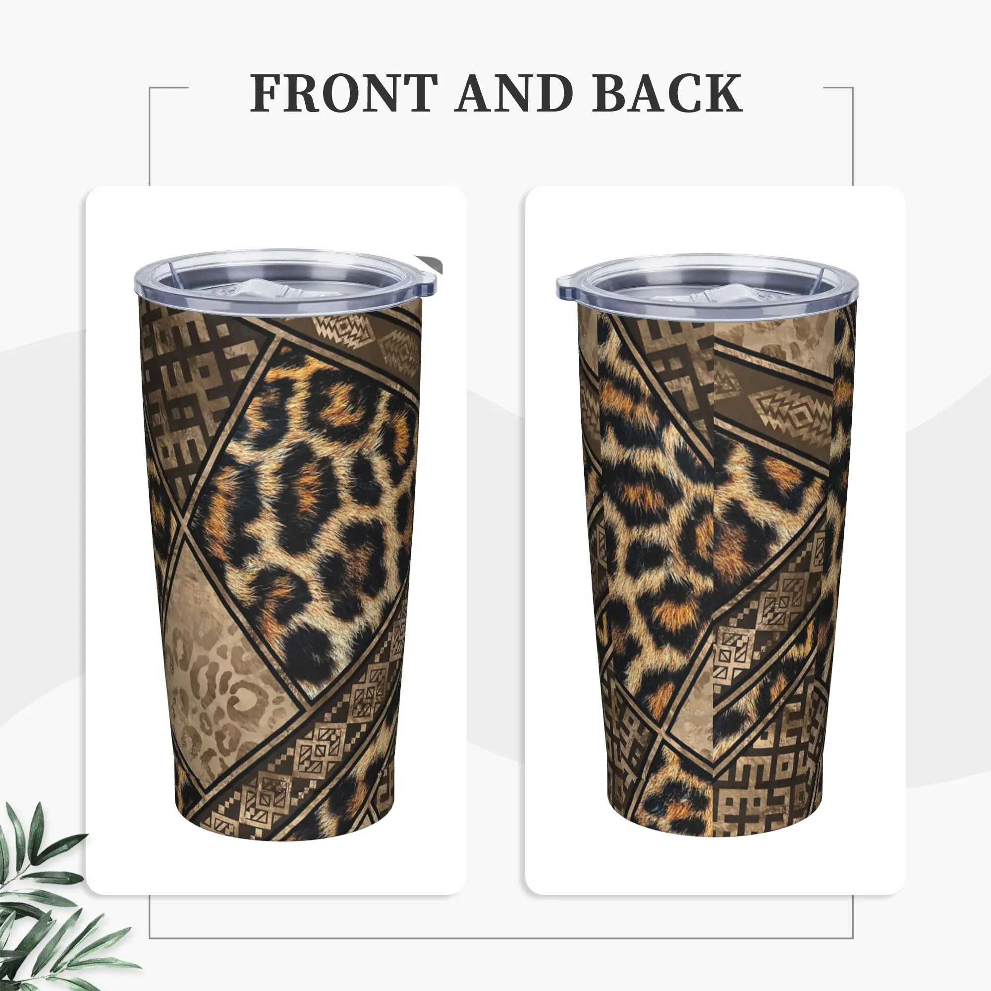 Leopard Fur with Ethnic Ornaments Insulated Tumbler with Straws Brown Stainless Steel Coffee Mugs Double Wall Bottle Cup, 20oz