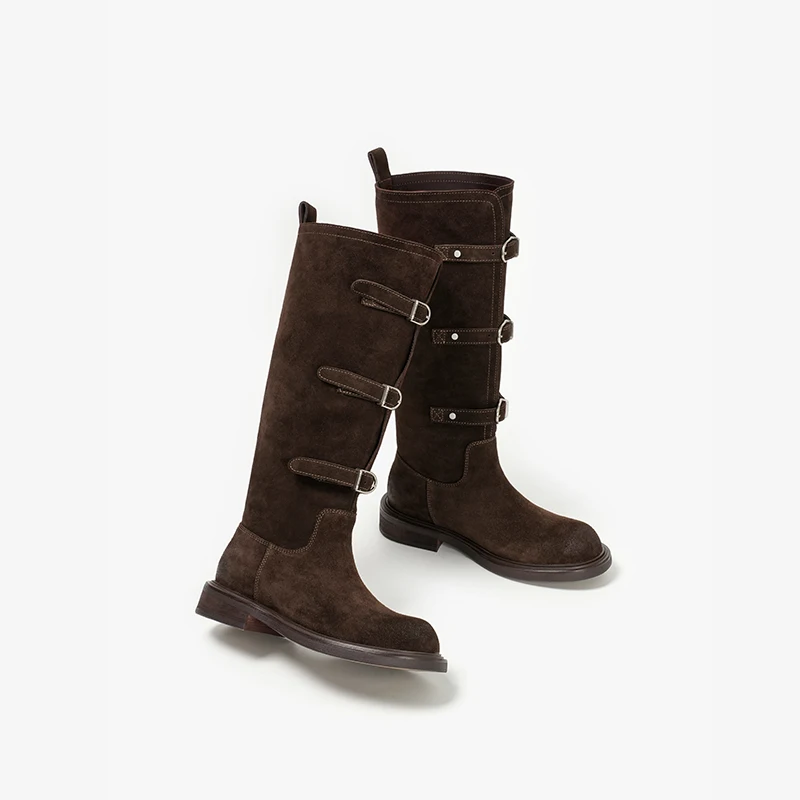 BEAUTODAY Knee High Boots Women Genuine Cow Suede Leather Buckle Strap Round Toe Long Boots Retro Ladies Shoes Handmade 01104