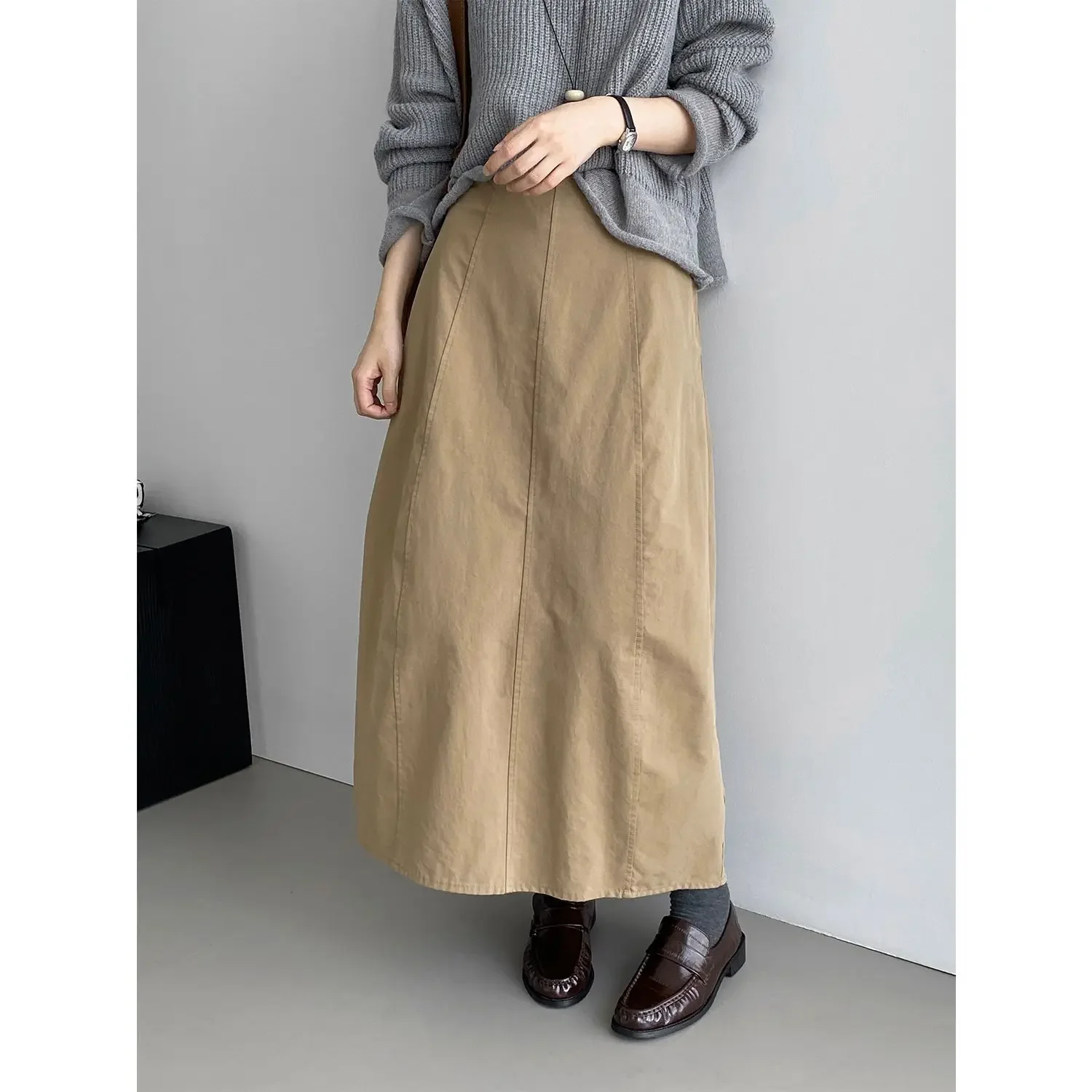 

High Waist Mid-Length Silk Cotton Design Half Skirt Women's Style Korean Style Plain Color No Decoration Knitted Cotton